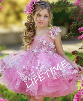 Рокля с цветя модел за момичета, Розова лейси пола с аппликацией, Пищната пола за Сватби, Елегантна рокля за гости, рокля за парти в чест на рождения Ден за момичета