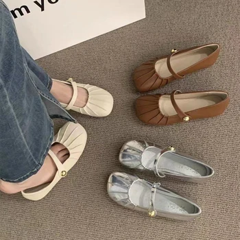 Сребърен дамски обувки на тънки токчета 2023, Нови летни френски дамски ежедневни обувки Mary Jane, с кръгло бомбе и фин уста в Ретро стил, на равна подметка