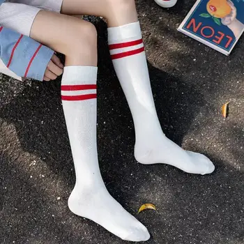 Чорапи за телета в спортен стил, японски корейски студентски памучни чорапи в райе за момичета в стил колеж, чорапи с дрямка, бейзболни чорапи