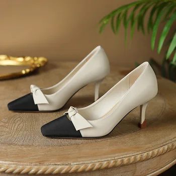 обувки дамски Дизайнерски дамски обувки, Новата Френска Обувки На тънък Ток, Ретро-Модел обувки с лък, Елегантни Дамски Обувки на ток 2024