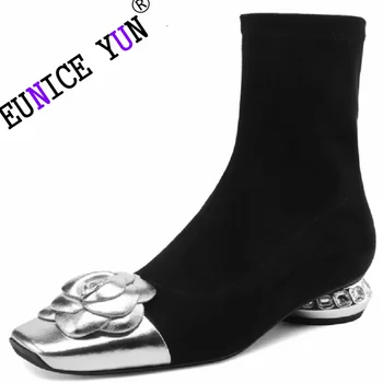 【Eunice Йонг】 Размери 34-42, еластичен материал с цветен модел + дамски ботуши от естествена кожа на висок ток, модерен есенно-зимни обувки за партита