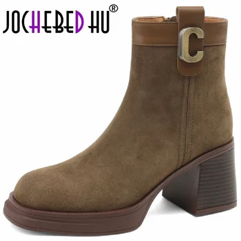 【JOCHEBED HU】Класически ботильоны от волска кожа, велур за жени, модни офис дамски ежедневни обувки с квадратни пръсти на дебелите ток диапазон 34-40